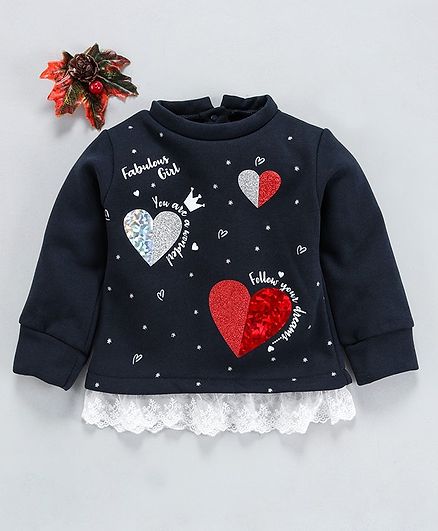 Little Kangaroos Full Sleeves Winter Wear Top Heat Print - Navy Blue