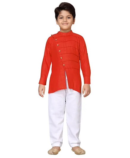 AJ Dezines Full Sleeves Front Slit Kurta With Pyjama - Orange & White