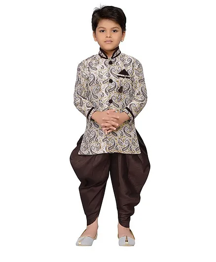 AJ Dezines Paisley Printed Full Sleeves Sherwani With Dhoti - Brown