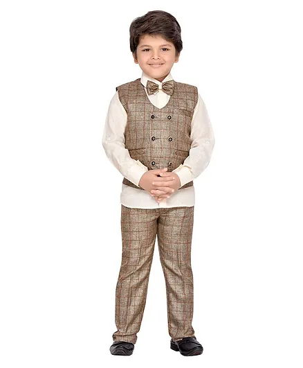 AJ Dezines Full Sleeves Checked Three Piece Party Suit - Brown