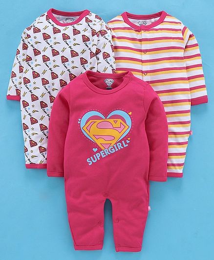 Mom's Love Full Sleeves Striped & Super Girl Printed Rompers Set of 3 - Pink