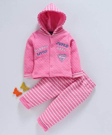 Mom's Love Winter Wear Full Sleeves Hooded Tee & Striped Lounge Pant Super Girl Embroidered - Pink