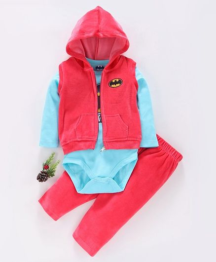 Mom's Love Winter Wear Sleeveless Hooded Sweat Jacket & Full Sleeves Onesie With Leggings Batman Print - Pink