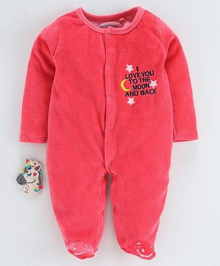 Mom's Love Winter Wear Full Sleeves Footed Romper Text Embroidery - Coral