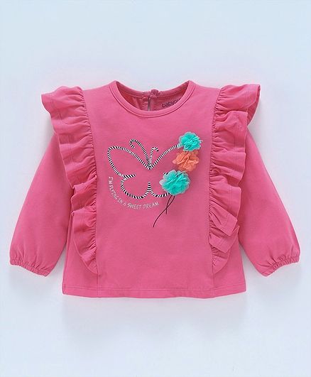 Babyoye Full Sleeves Frilled Cotton Top Corsage Applique - Pink