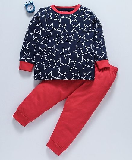 Babyhug Full Sleeves Night Suit Star Print - Navy Red