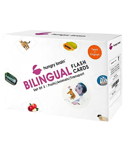 Hungry Brain Bilingual Fruits Animals Trasports Theme Combo Flash Cards - Tamil & English