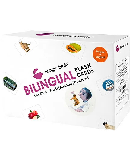 Hungry Brain Bilingual Fruits Animals Trasports Theme Combo Flash Cards - Telugu & English