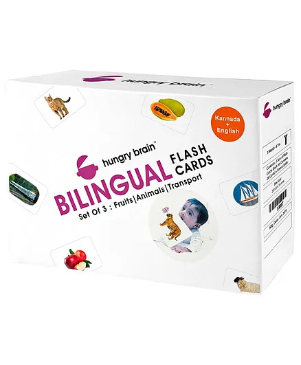 Hungry Brain Bilingual Fruits Animals Trasports Theme Combo Flash Cards - Kannada & English