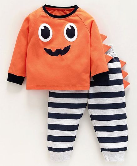 Babyoye Cotton Full Sleeves 3D Spikes T-Shirt & Striped Pant Face Print - Orange