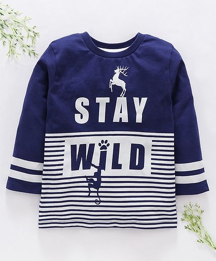 Ventra Full Sleeves Stay Wild Print Tee - Navy Blue