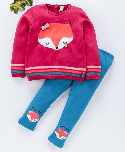 LC Waikiki Fox Face Design Full Sleeves Sweater & Leggings Set - Pink & Blue