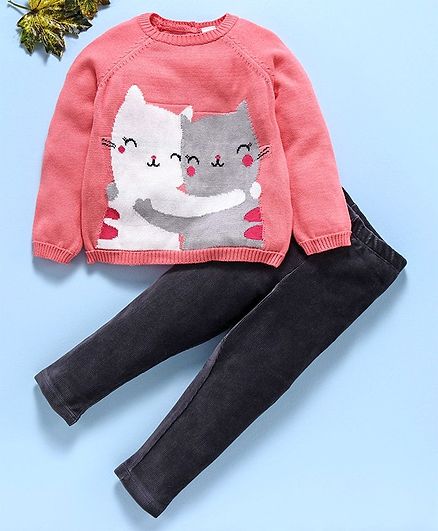 LC Waikiki Cat Design Full Sleeves Sweater With Bottom - Pink