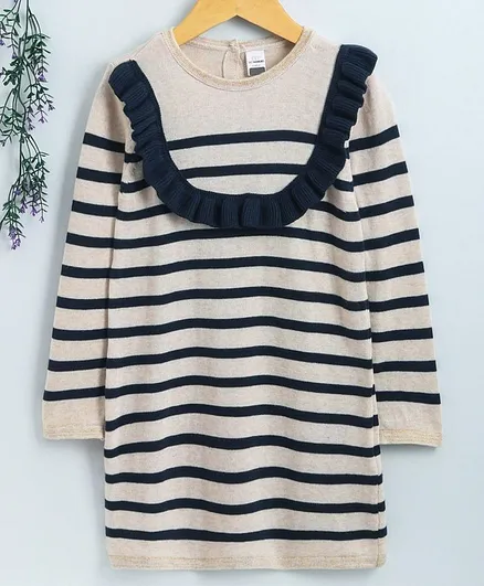LC Waikiki Full Sleeves Striped Ruffle Detailed Dress - Beige