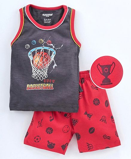Cucumber Sleeveless Tee & Shorts Basket Ball Print - Red