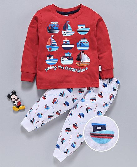 Teddy Full Sleeves Tee And Lounge Pant Ship Print - Red White