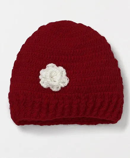 MayRa Knits Flower Decorated Crochet Woolen Cap - Red