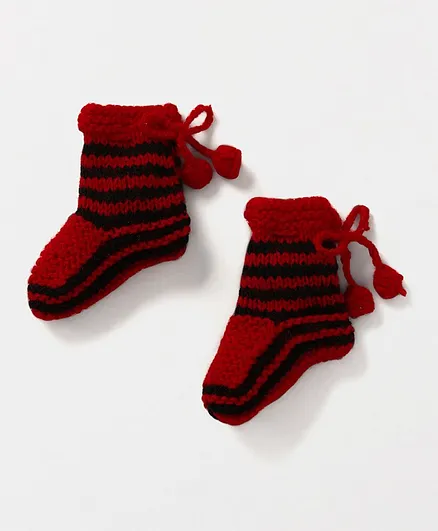 MayRa Knits Striped Pom Pom Detailed Socks - Dark Red