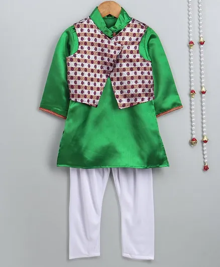 Little Palz Full Sleeves Soild Kurta & Pajama With Dot Embroidered Jacket - Green