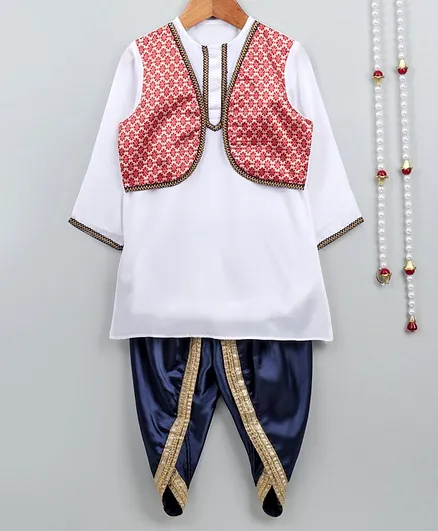 Little Palz Full Sleeves Soild Kurta With Attached Jacket & Dhoti - White & Navy Blue