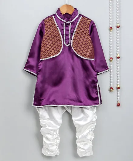 Little Palz Full Sleeves Kurta With Attached Motif Printed Jacket & Pajama - Purple