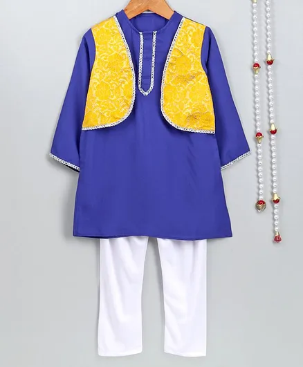 Little Palz Full Sleeves Kurta With Attached Flower Design Jacket & Pajama - Royal Blue