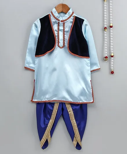 Little Palz Lace Detailed Full Sleeves Kurta With Attached Jacket & Dhoti - Light Blue