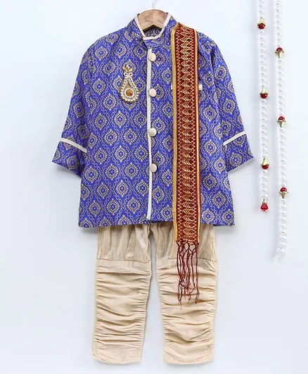 Little Palz Motif Printed Full Sleeves Sherwani With Pajama & Dupatta - Blue