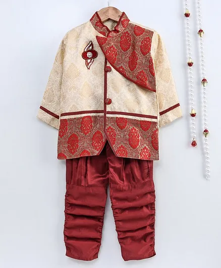 Little Palz Motif Embroidered Full Sleeves Sherwani & Pajama Set - Beige & Maroon