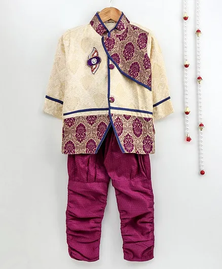 Little Palz Motif Embroidered Full Sleeves Bling Patch Detailed Sherwani & Pajama Set - Purple