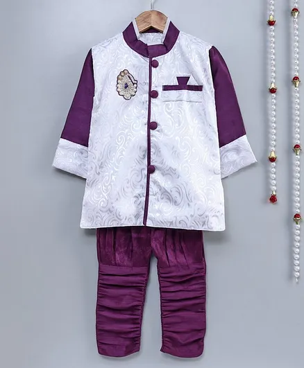 Little Palz Self Design Full Sleeves Motif Patch Detailed Sherwani With Pajama - White & Purple