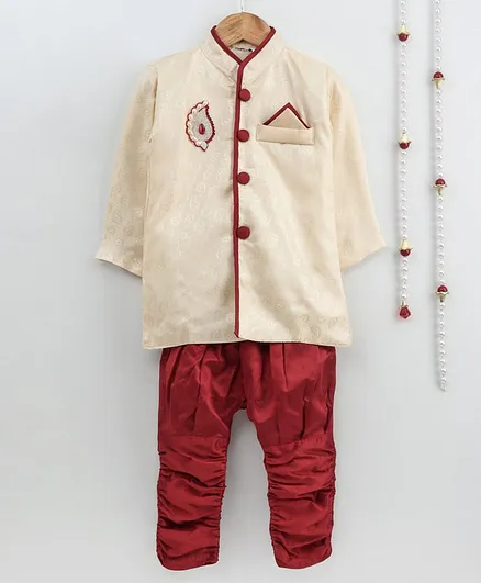 Little Palz Self Design Full Sleeves Motif Patch Detailed Sherwani With Pajama - Beige & Red