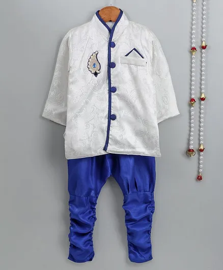 Little Palz Self Design Full Sleeves Motif Patch Detailed Sherwani With Pajama - White & Blue