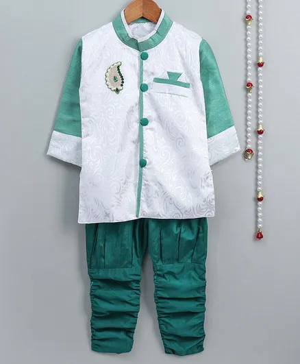 Little Palz Self Design Full Sleeves Motif Patch Detailed Sherwani With Pajama - Green & White