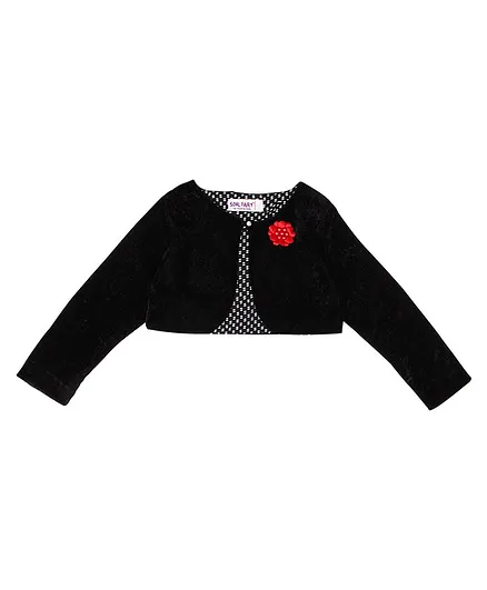 Soul Fairy Flower Embroidery Full Sleeves Velvet Shrug With Satin Lining - Black