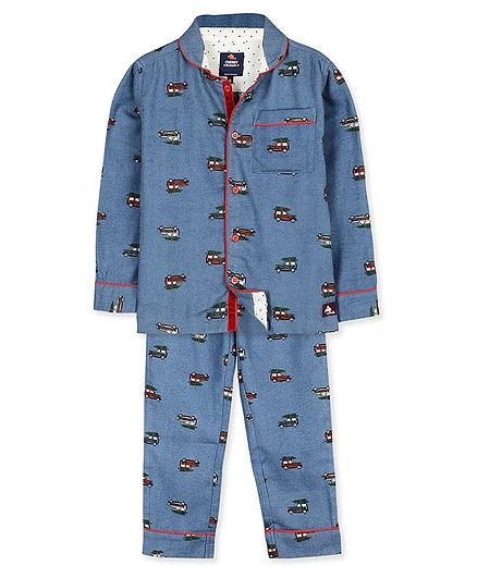 Cherry Crumble by Nitt Hyman Car Carrying Christmas Tree Print Full Sleeves Night Suit - Blue