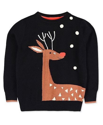 Cherry Crumble by Nitt Hyman Reindeer Design Full Sleeves Sweater - Black