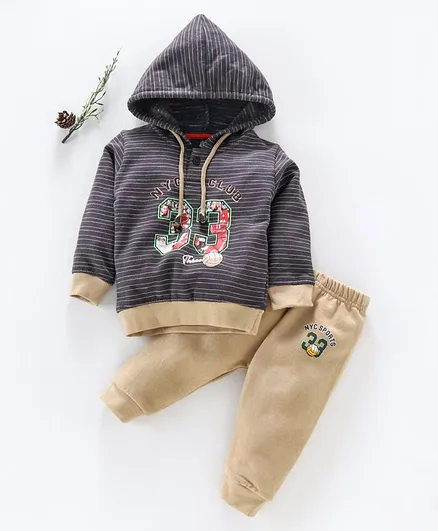 Cucumber Full Sleeves Striped Hooded Tee & Lounge Pant Numeric Print - Grey