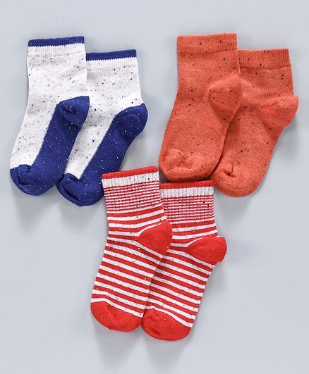 Mustang Ankle Length Socks Striped & Solid Color Pack of 3 - Orange Red Blue