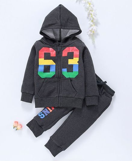 Vitamins Full Sleeves Hooded Sweat Jacket With Lounge Pant Number Print - Dark Grey