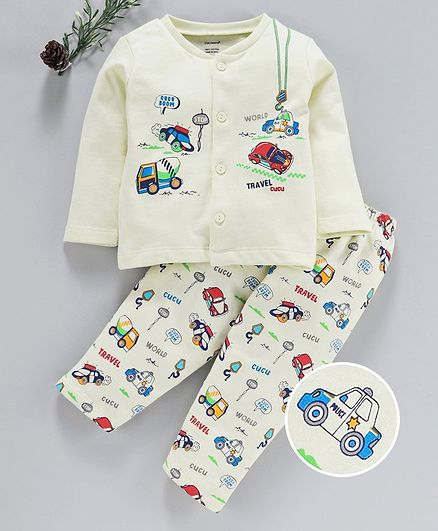 Cucumber Full Sleeves Winter Wear Night Suit Vehicle Print - Yellow