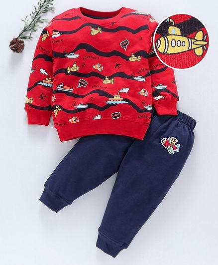 Cucumber Full Sleeves Tee & Lounge Pant Aeroplane Print - Red