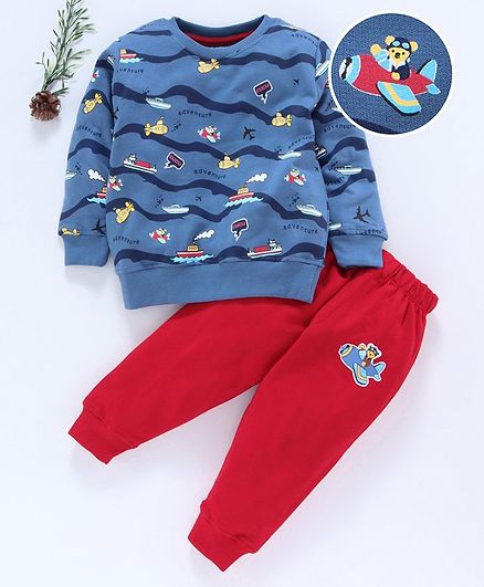 Cucumber Full Sleeves Tee And Lounge Pant Aeroplane Print - Navy Blue