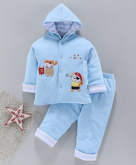 Child World Full Sleeves Hooded Winter Wear Jacket & Lounge Pant Pirate Bear Patch - Light Blue