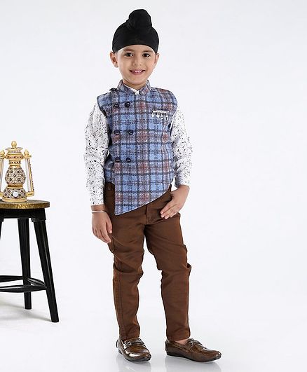 Dapper Dudes Checkered Waistcoat With Full Sleeves Shirt & Pants - Blue