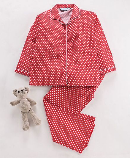 Enfance Polka Dot Print Full Sleeves Night Suit - Red