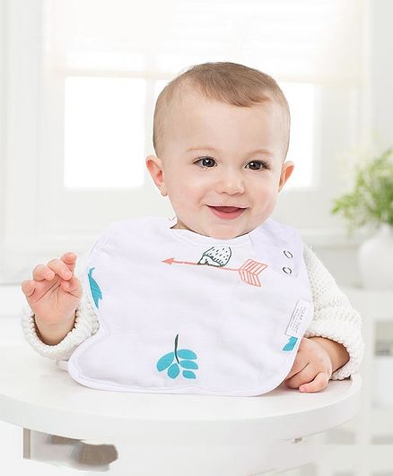 Polka Tots 100% Organic Muslin Cotton Bird Design Bibs With Three Layers - White