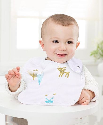 Polka Tots 100% Organic Muslin Cotton Reindeer Design Bibs With Three Layers - White