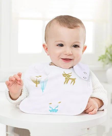 Polka Tots 100% Organic Muslin Cotton Reindeer Design Bibs With Three Layers - White