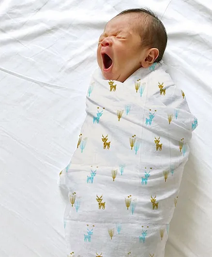Polka Tots 100% Organic Muslin Cotton Reindeer Design Swaddle Baby Wrap - White